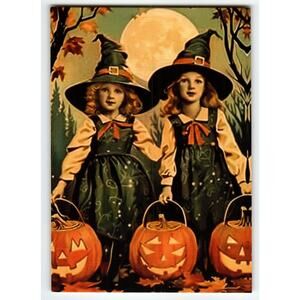 Vintage Halloween Postcard Two Girls in Witch Costumes with Pumpkins